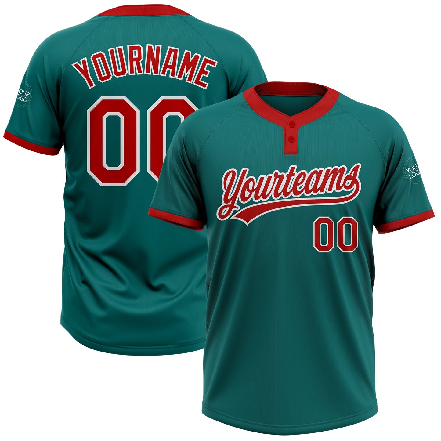 Custom Teal Red-White Two-Button Unisex Softball Jersey - Main View