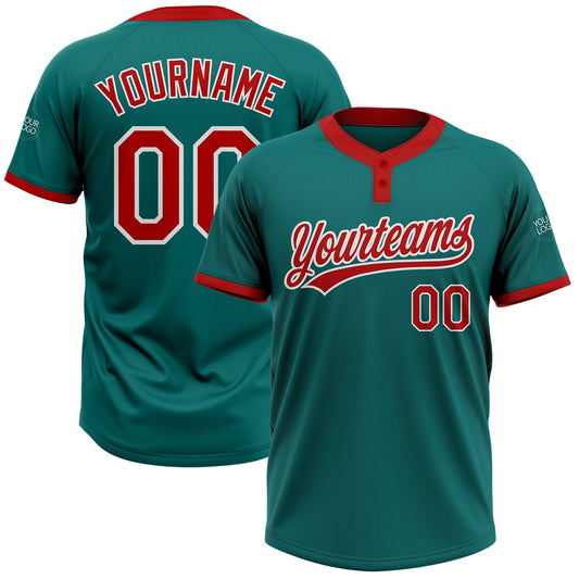 Custom Teal Red-White Two-Button Unisex Softball Jersey - Main View