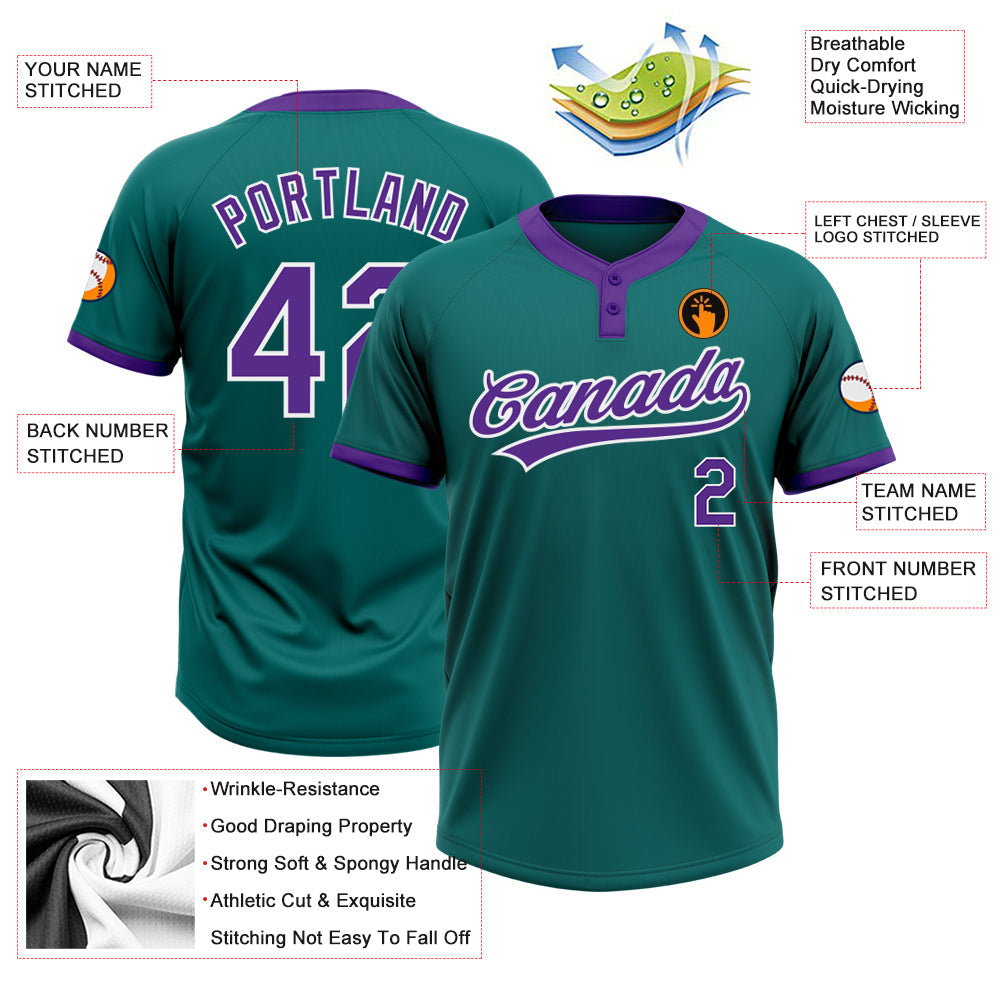 Custom Teal Purple-White Two-Button Unisex Softball Jersey view 3