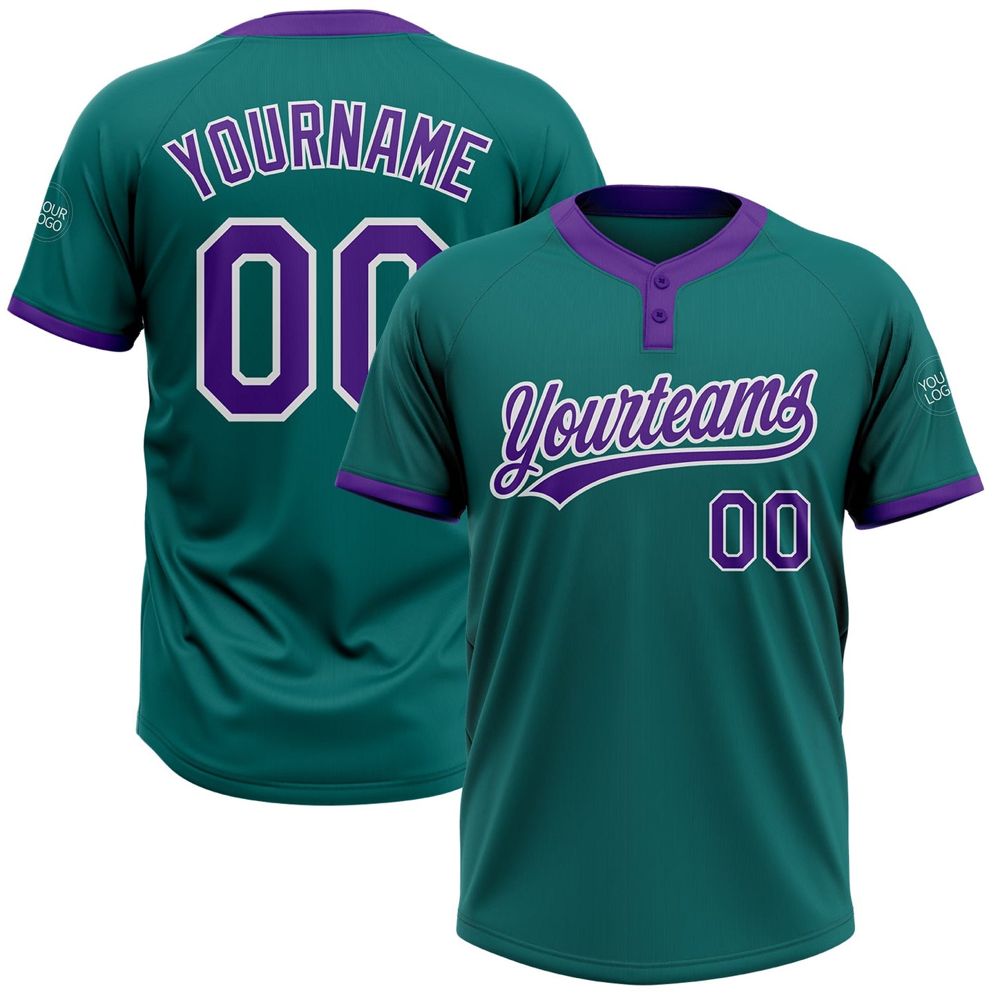 Custom Teal Purple-White Two-Button Unisex Softball Jersey - Main View