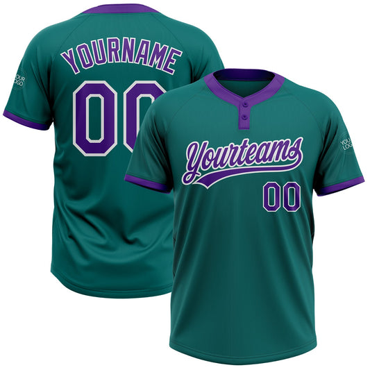 Custom Teal Purple-White Two-Button Unisex Softball Jersey - Main View