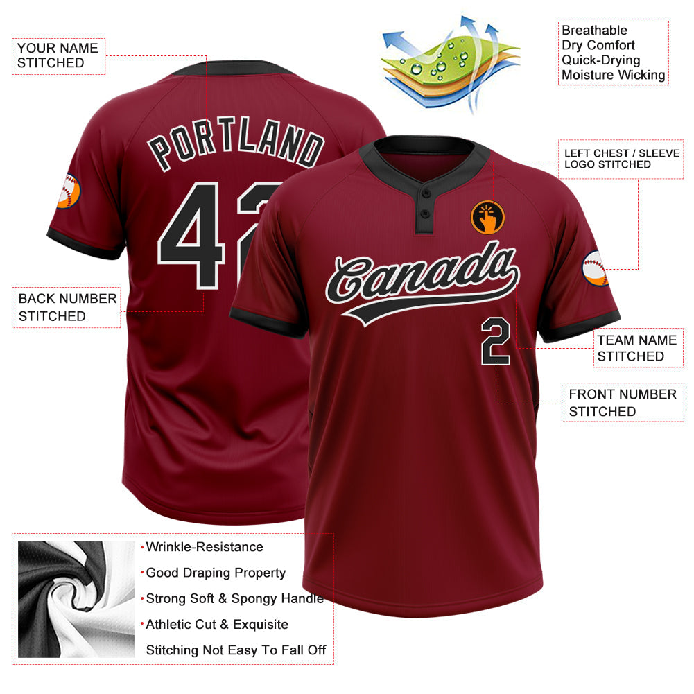 Custom Crimson Black-White Two-Button Unisex Softball Jersey view 3