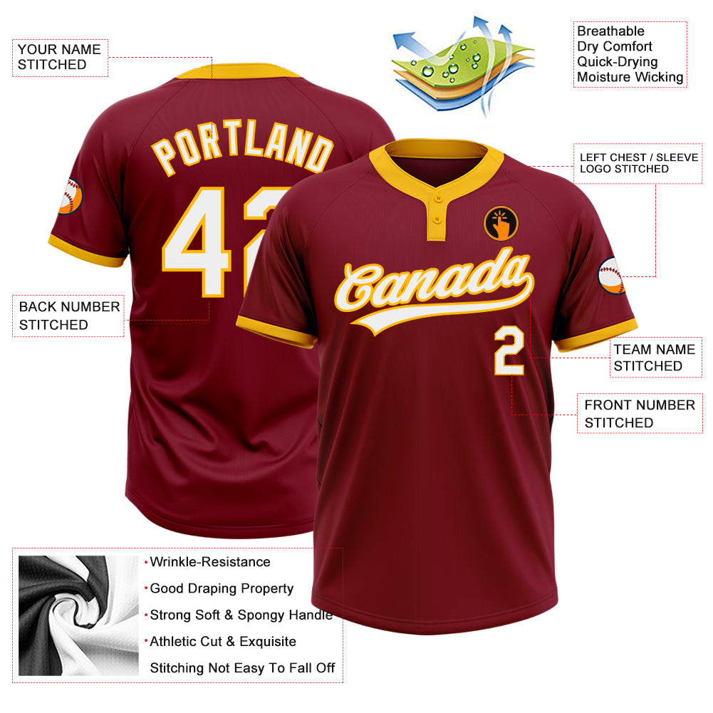 Custom Crimson White-Gold Two-Button Unisex Softball Jersey view 3