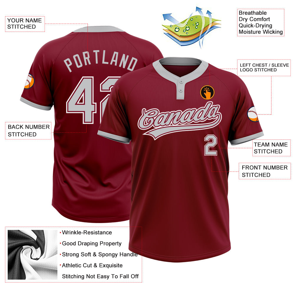Custom Crimson Gray-White Two-Button Unisex Softball Jersey view 3