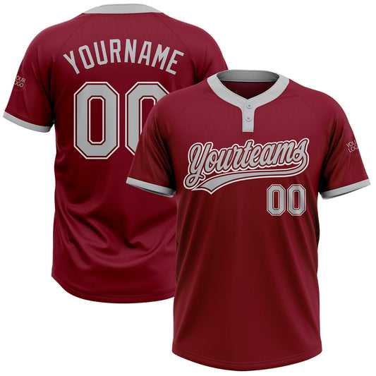Custom Crimson Gray-White Two-Button Unisex Softball Jersey - Main View