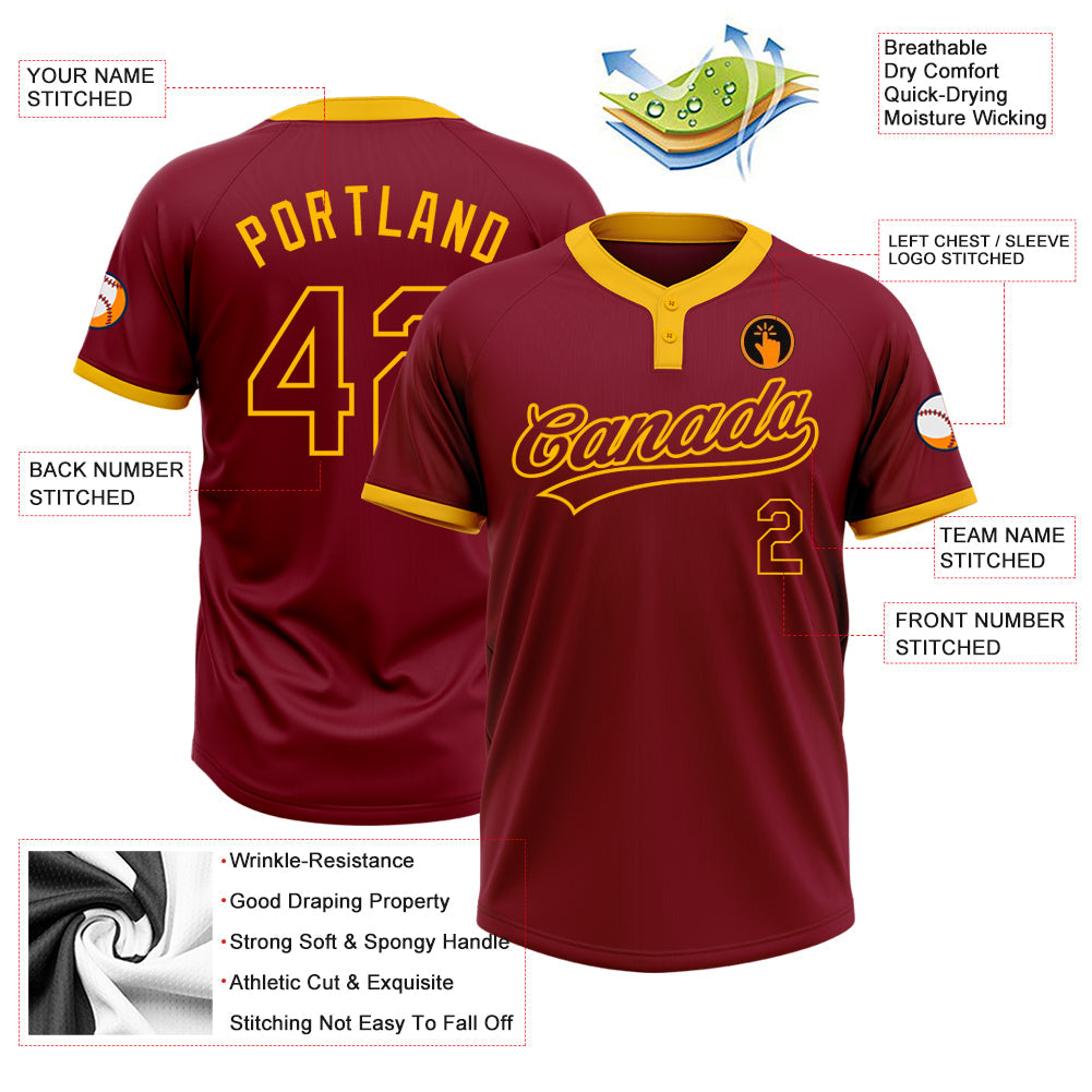 Custom Crimson Crimson-Gold Two-Button Unisex Softball Jersey view 3