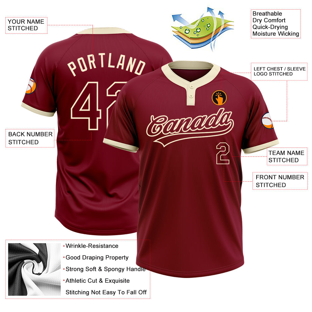 Custom Crimson Crimson-Cream Two-Button Unisex Softball Jersey view 3