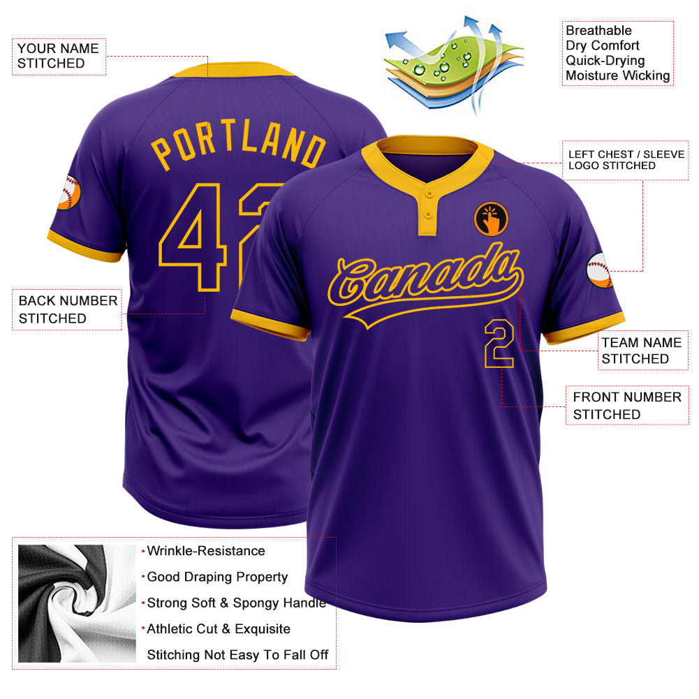 Custom Purple Purple-Gold Two-Button Unisex Softball Jersey view 3