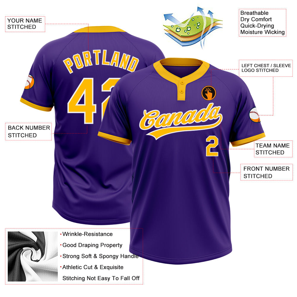 Custom Purple Gold-White Two-Button Unisex Softball Jersey view 3
