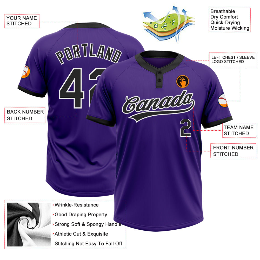Custom Purple Black-White Two-Button Unisex Softball Jersey view 3