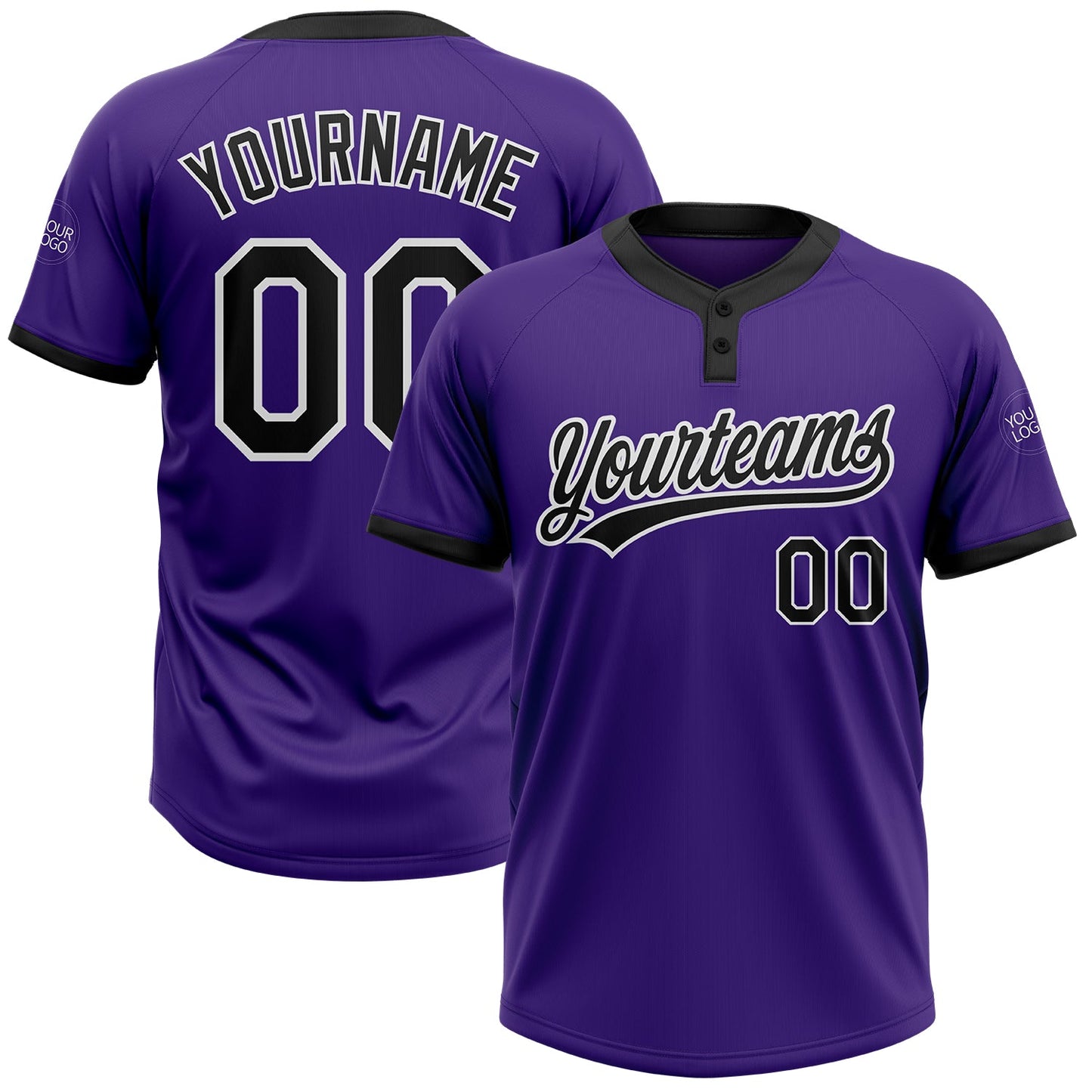 Custom Purple Black-White Two-Button Unisex Softball Jersey - Main View