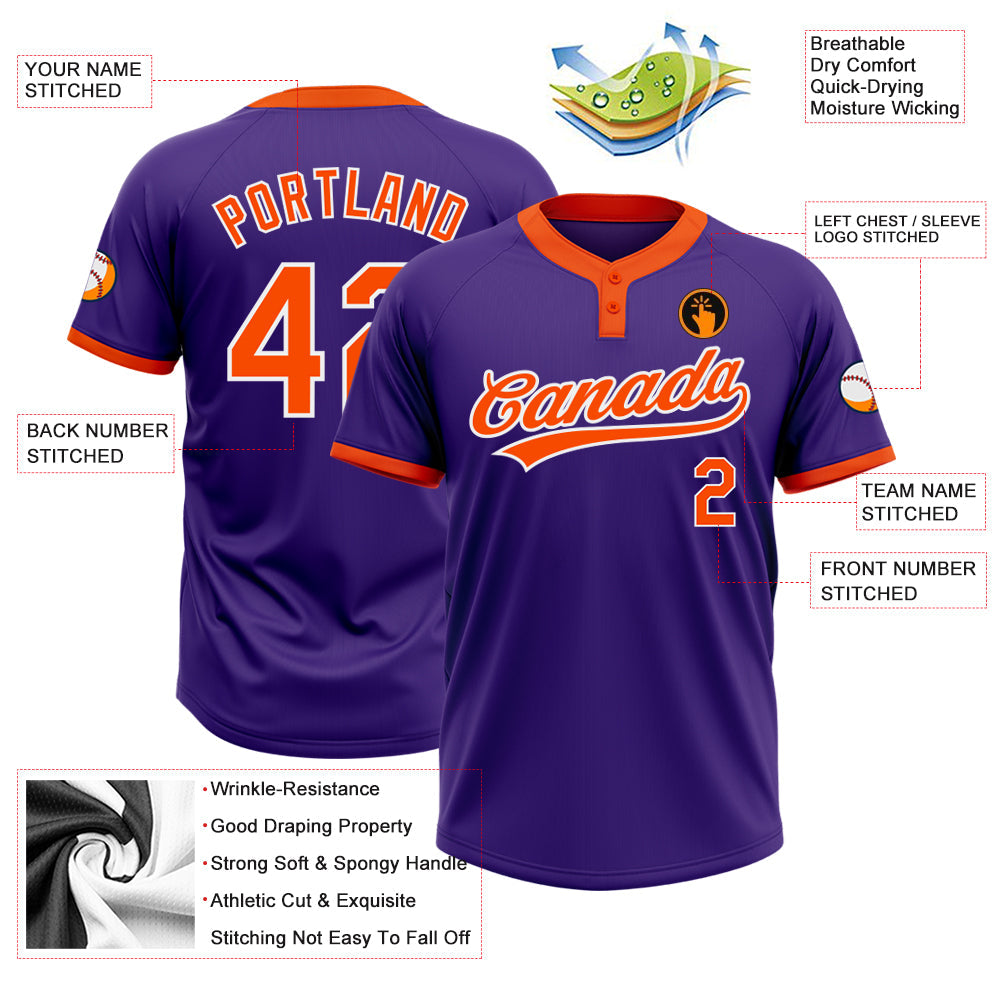 Custom Purple Orange-White Two-Button Unisex Softball Jersey view 3