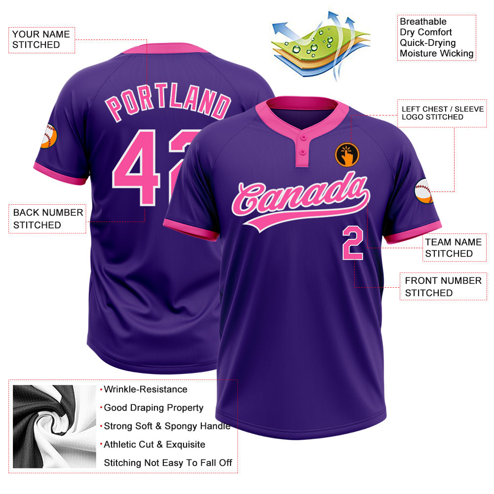 Custom Purple Pink-White Two-Button Unisex Softball Jersey view 3