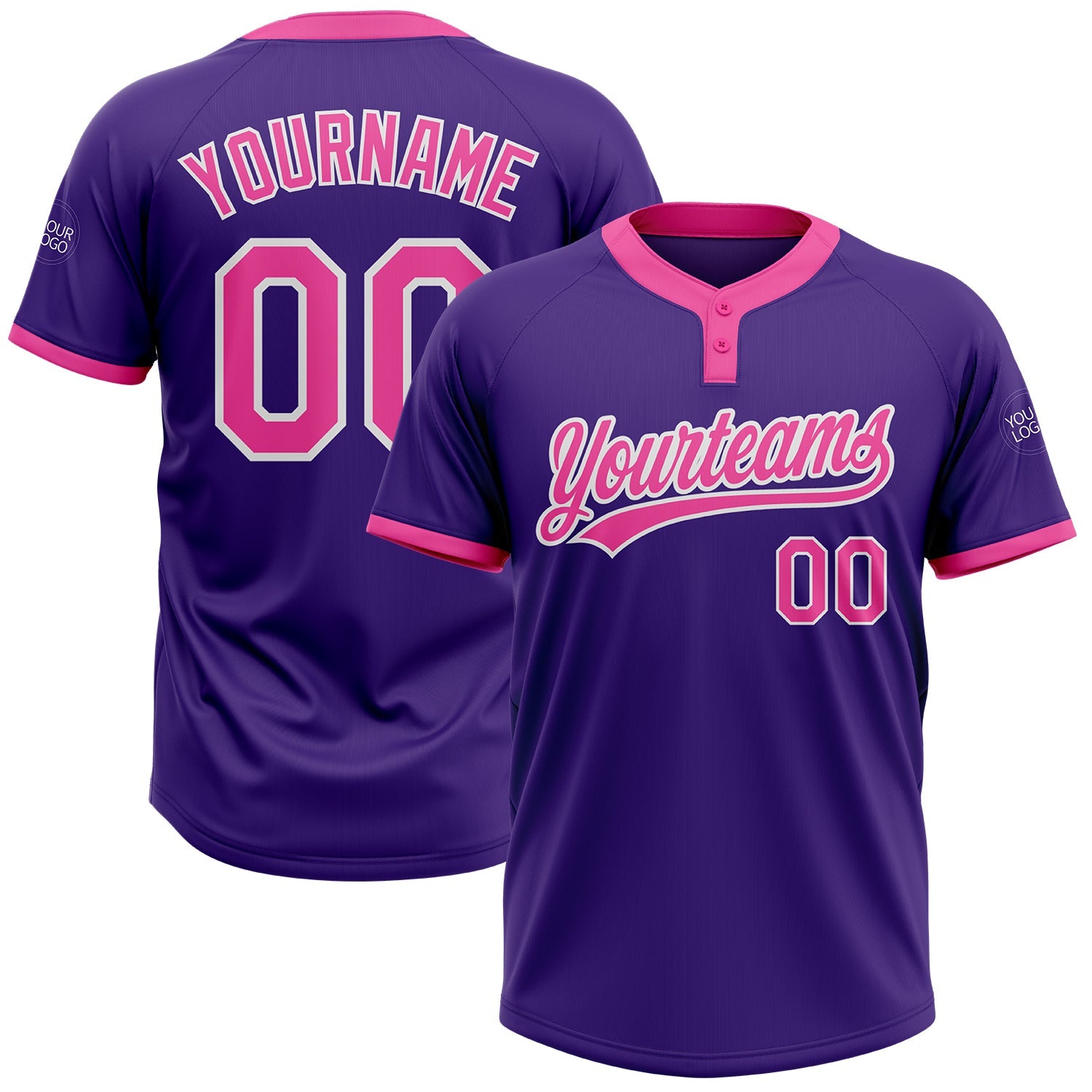 Custom Purple Pink-White Two-Button Unisex Softball Jersey - Main View
