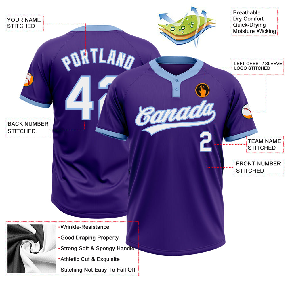 Custom Purple White-Light Blue Two-Button Unisex Softball Jersey view 3