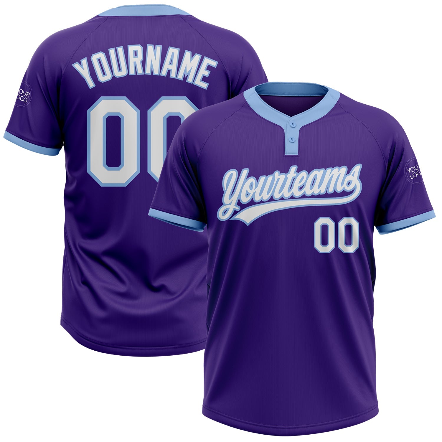 Custom Purple White-Light Blue Two-Button Unisex Softball Jersey - Main View