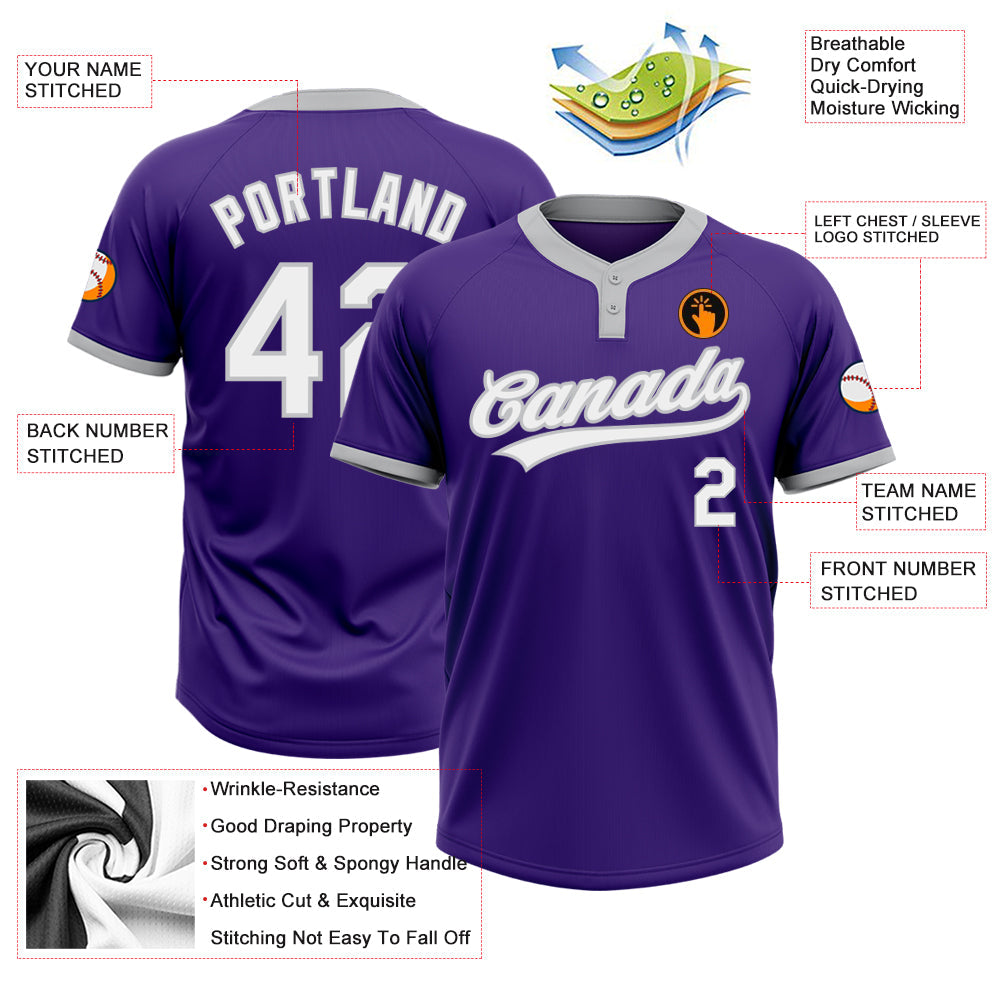 Custom Purple White-Gray Two-Button Unisex Softball Jersey view 3