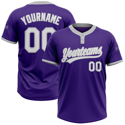 Custom Purple White-Gray Two-Button Unisex Softball Jersey - Main View