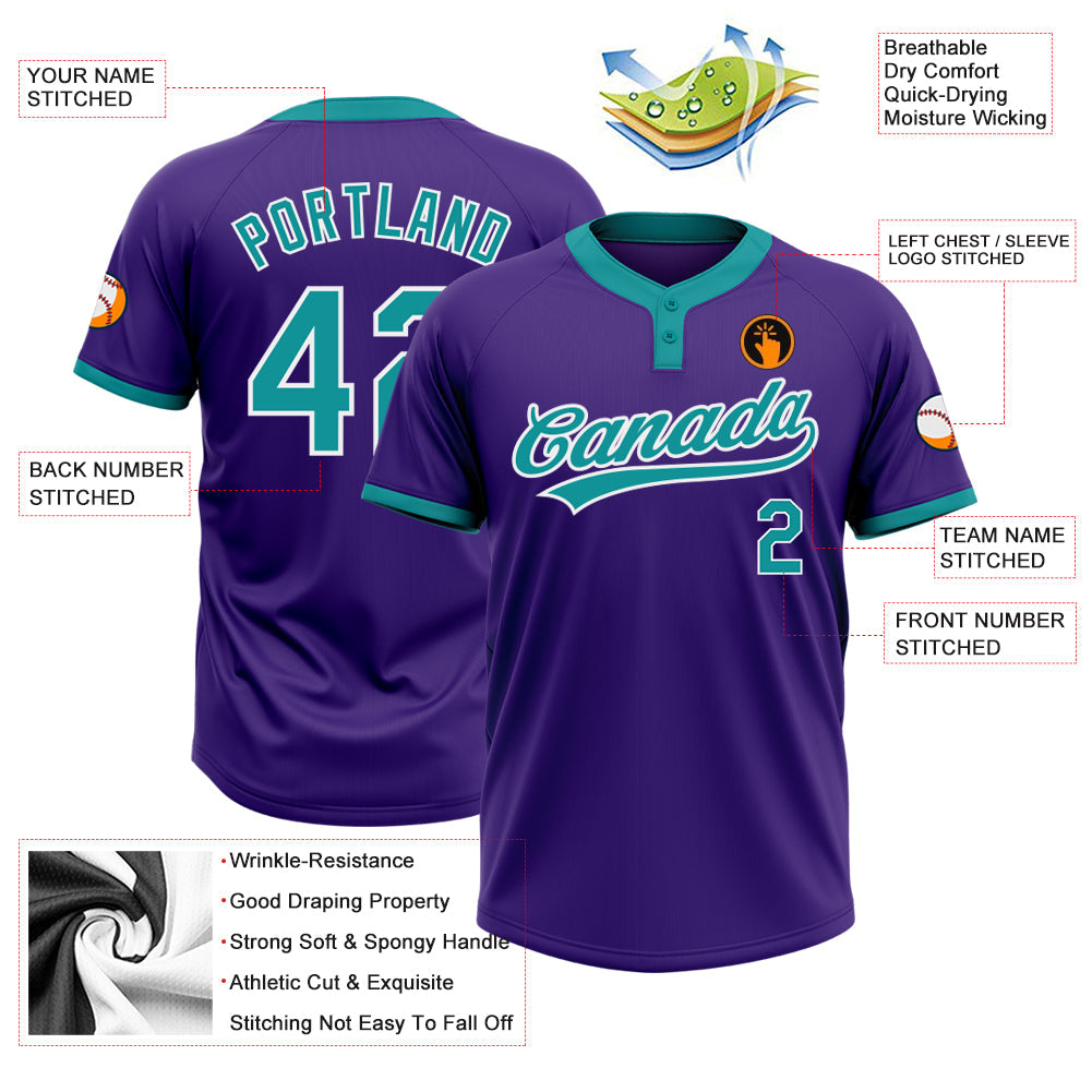 Custom Purple Teal-White Two-Button Unisex Softball Jersey view 3