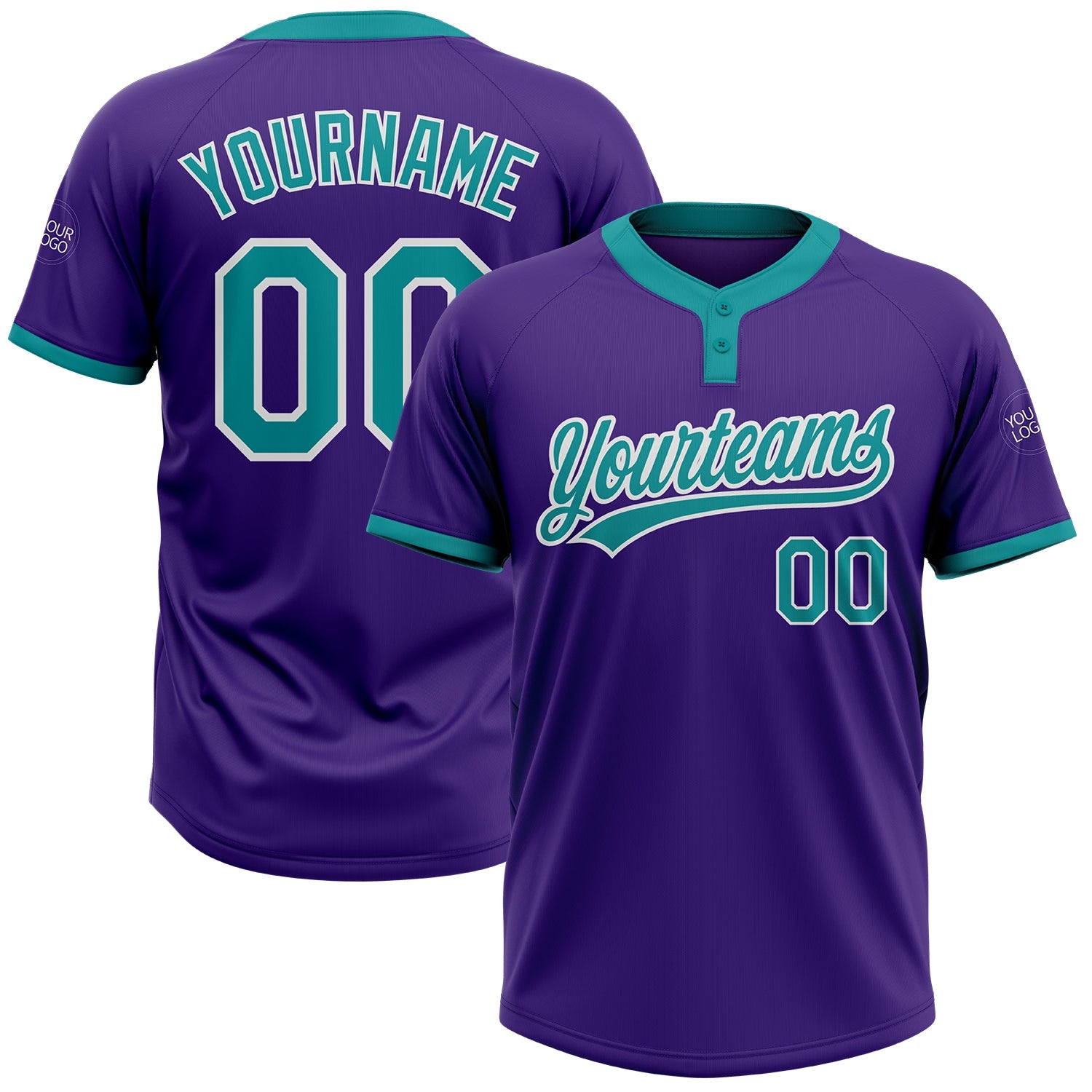 Custom Purple Teal-White Two-Button Unisex Softball Jersey - Main View