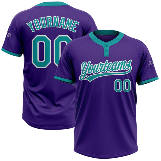 Custom Purple Teal-White Two-Button Unisex Softball Jersey - Main View