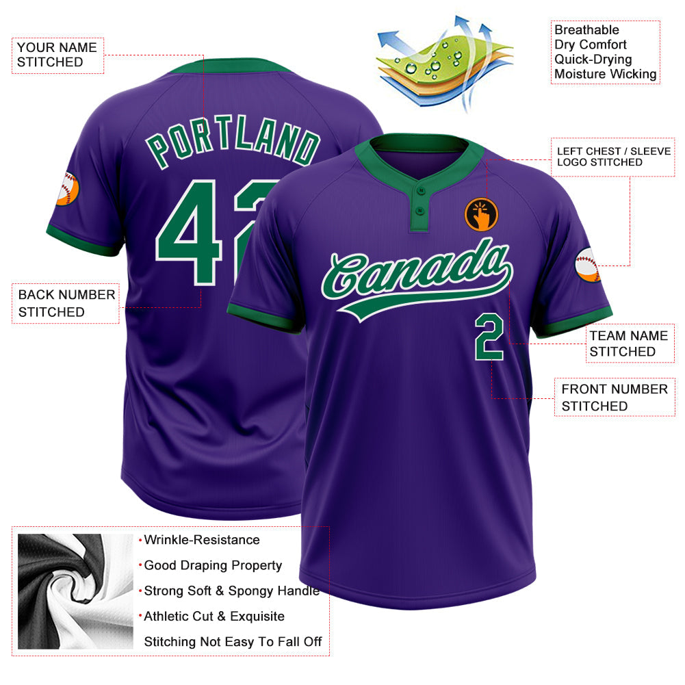 Custom Purple Kelly Green-White Two-Button Unisex Softball Jersey view 3