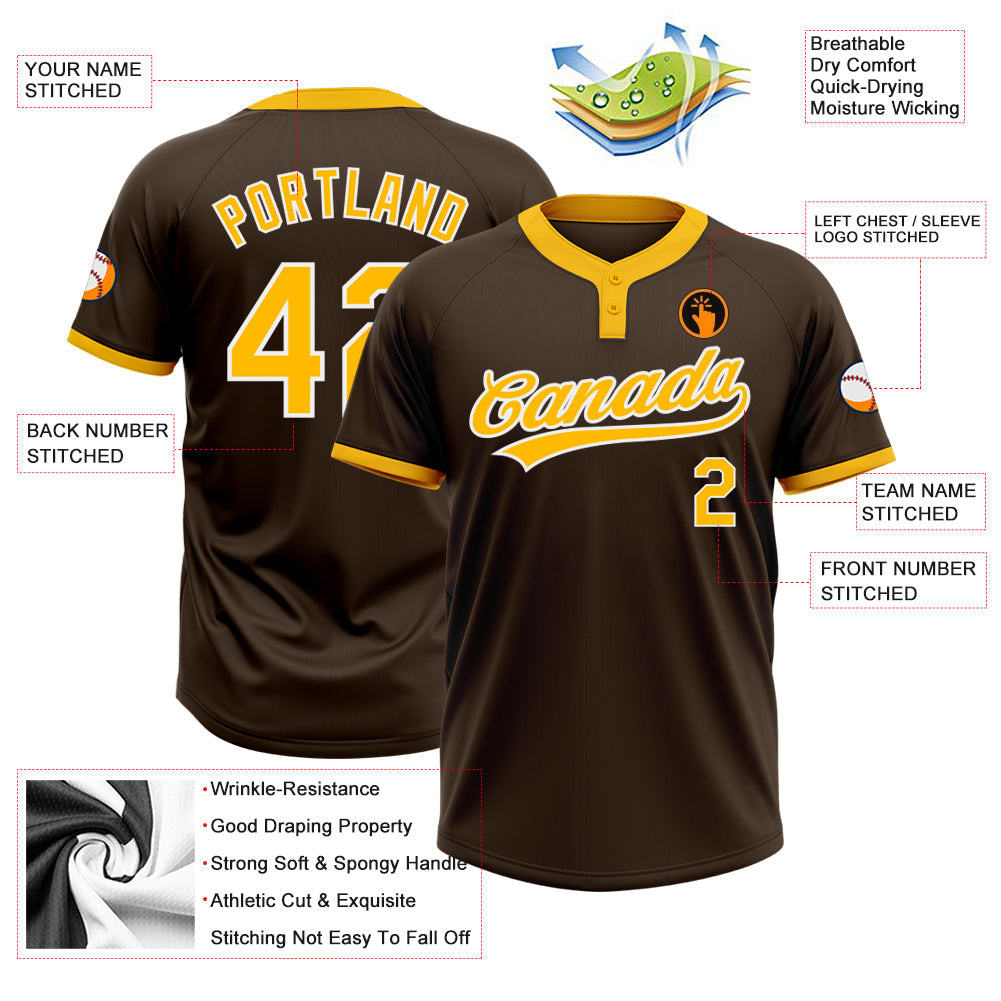 Custom Brown Gold-White Two-Button Unisex Softball Jersey view 3