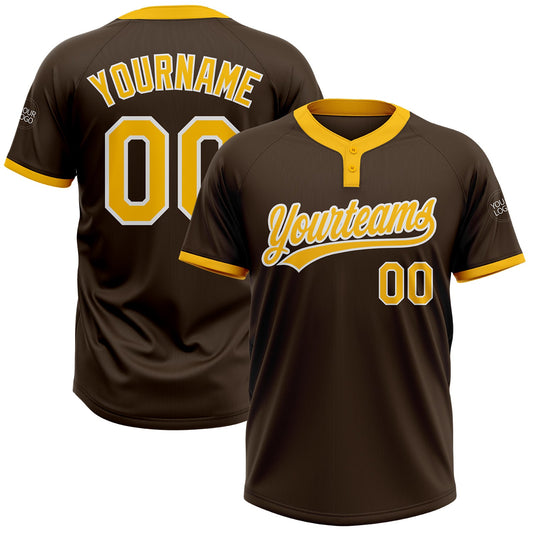 Custom Brown Gold-White Two-Button Unisex Softball Jersey - Main View