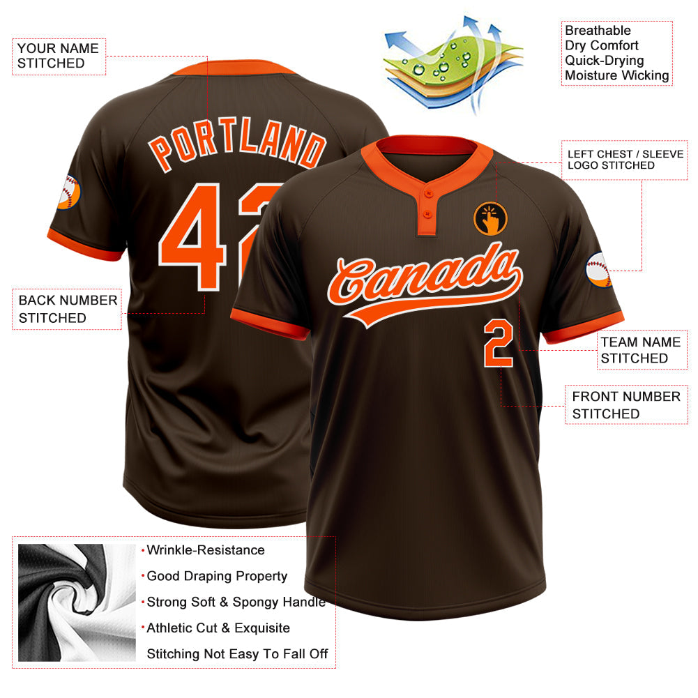 Custom Brown Orange-White Two-Button Unisex Softball Jersey view 3