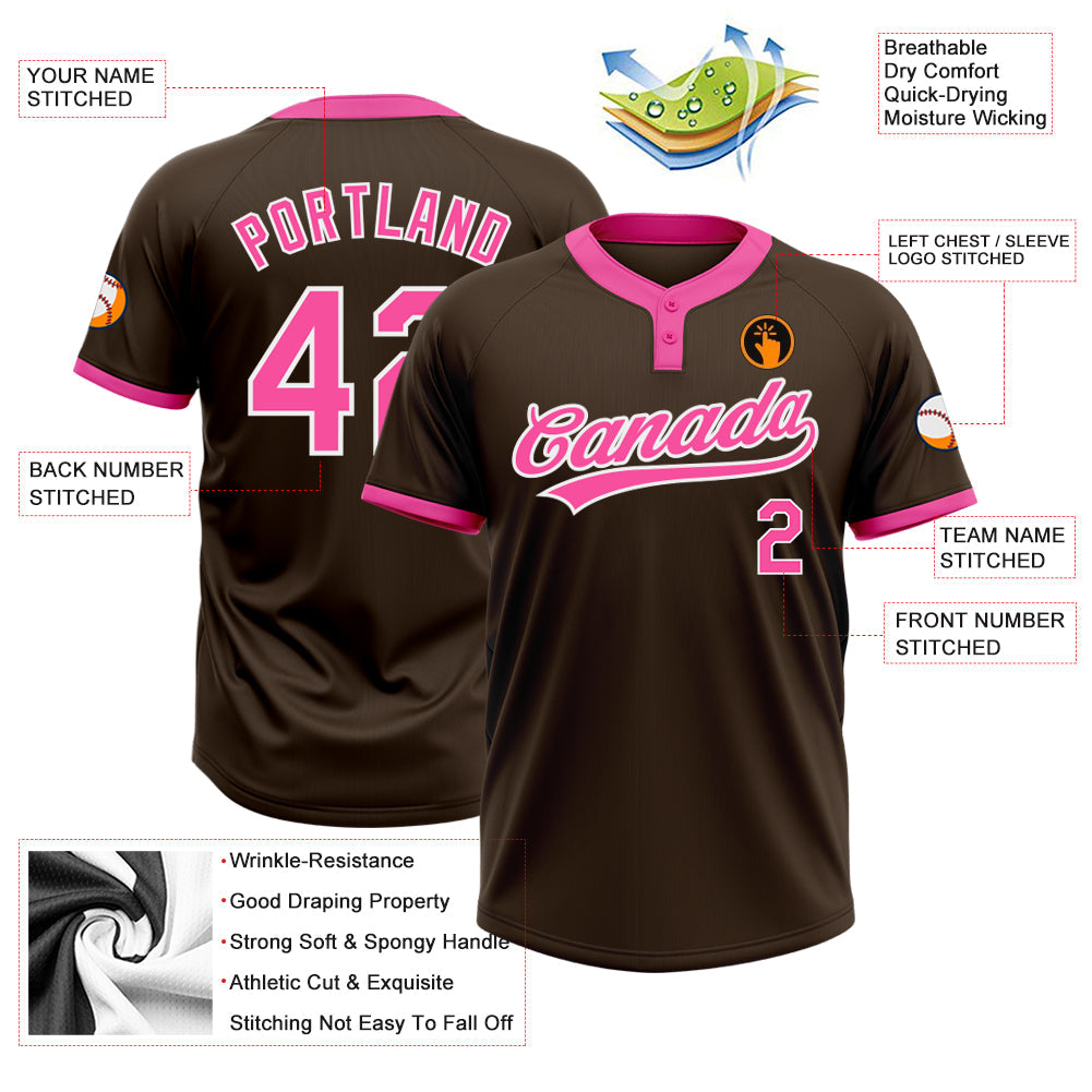 Custom Brown Pink-White Two-Button Unisex Softball Jersey view 3