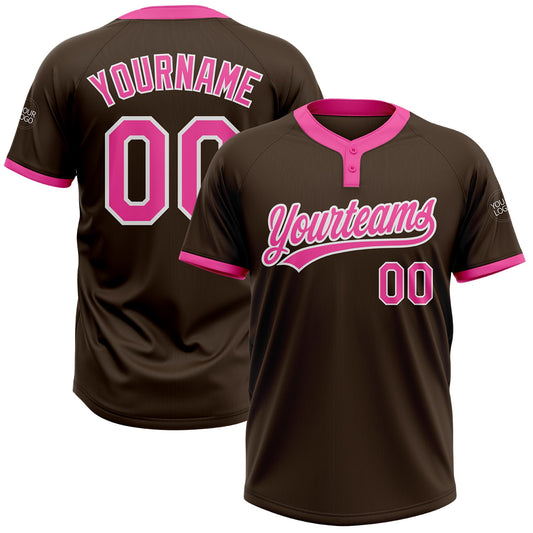 Custom Brown Pink-White Two-Button Unisex Softball Jersey - Main View