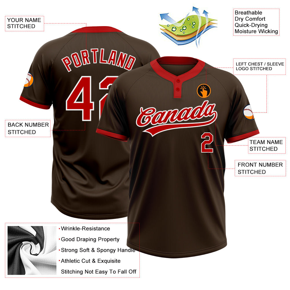 Custom Brown Red-White Two-Button Unisex Softball Jersey view 3