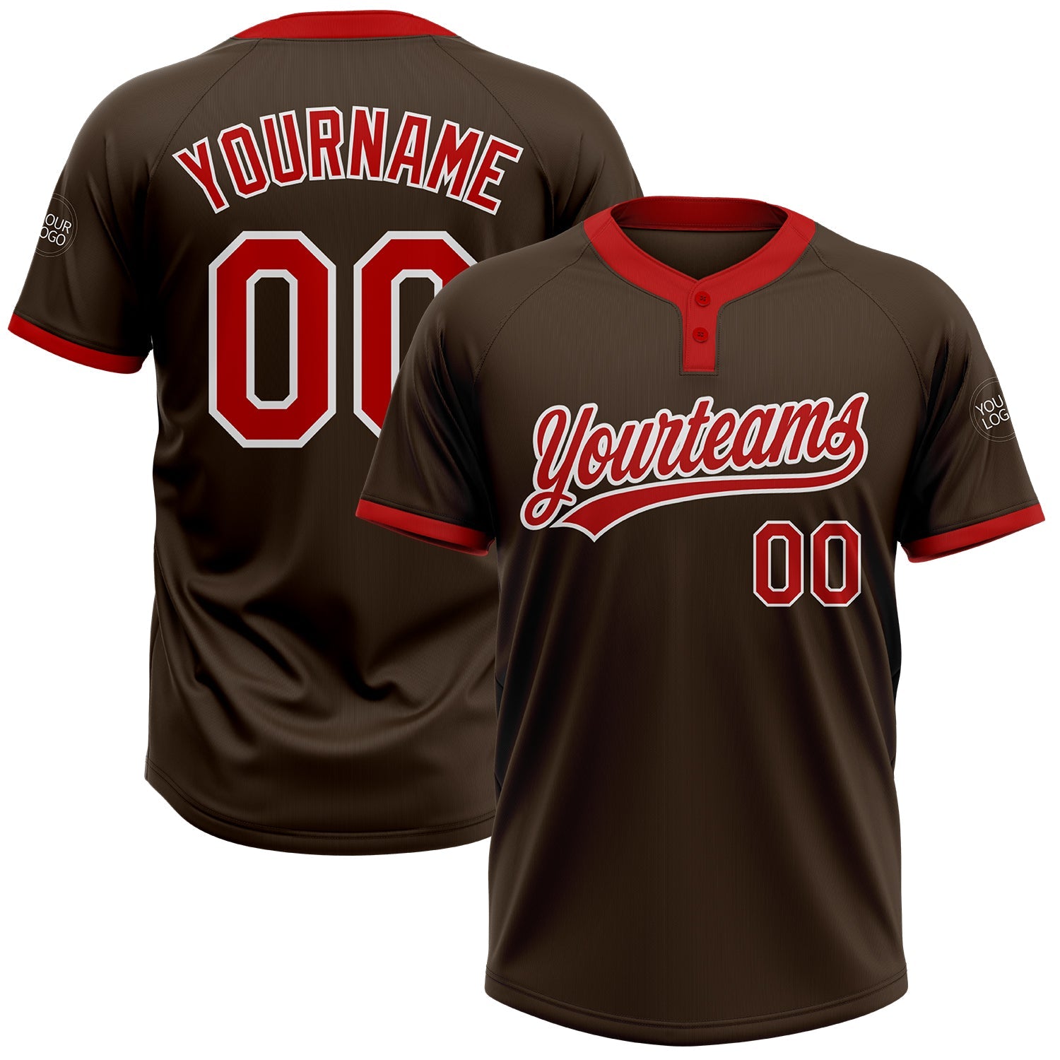 Custom Brown Red-White Two-Button Unisex Softball Jersey - Main View