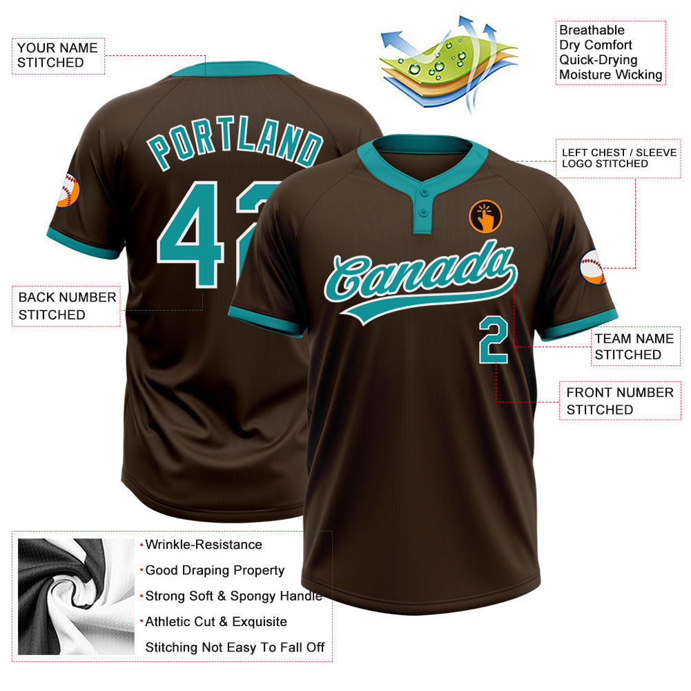 Custom Brown Teal-White Two-Button Unisex Softball Jersey view 3