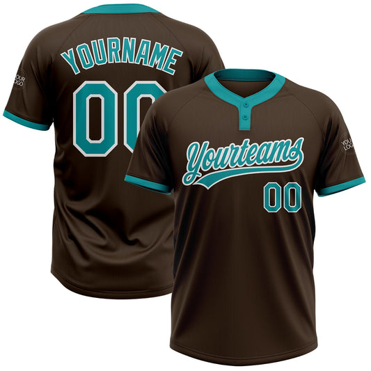Custom Brown Teal-White Two-Button Unisex Softball Jersey - Main View