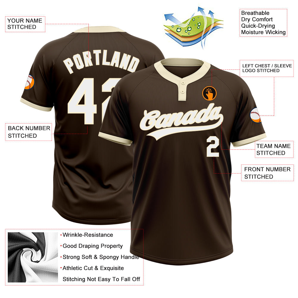 Custom Brown White-Cream Two-Button Unisex Softball Jersey view 3