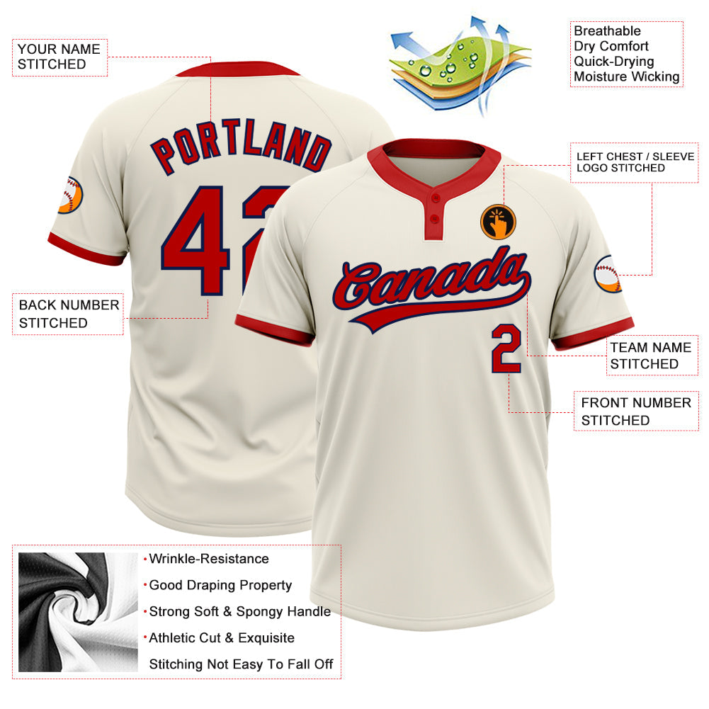 Custom Cream Red-Navy Two-Button Unisex Softball Jersey view 3
