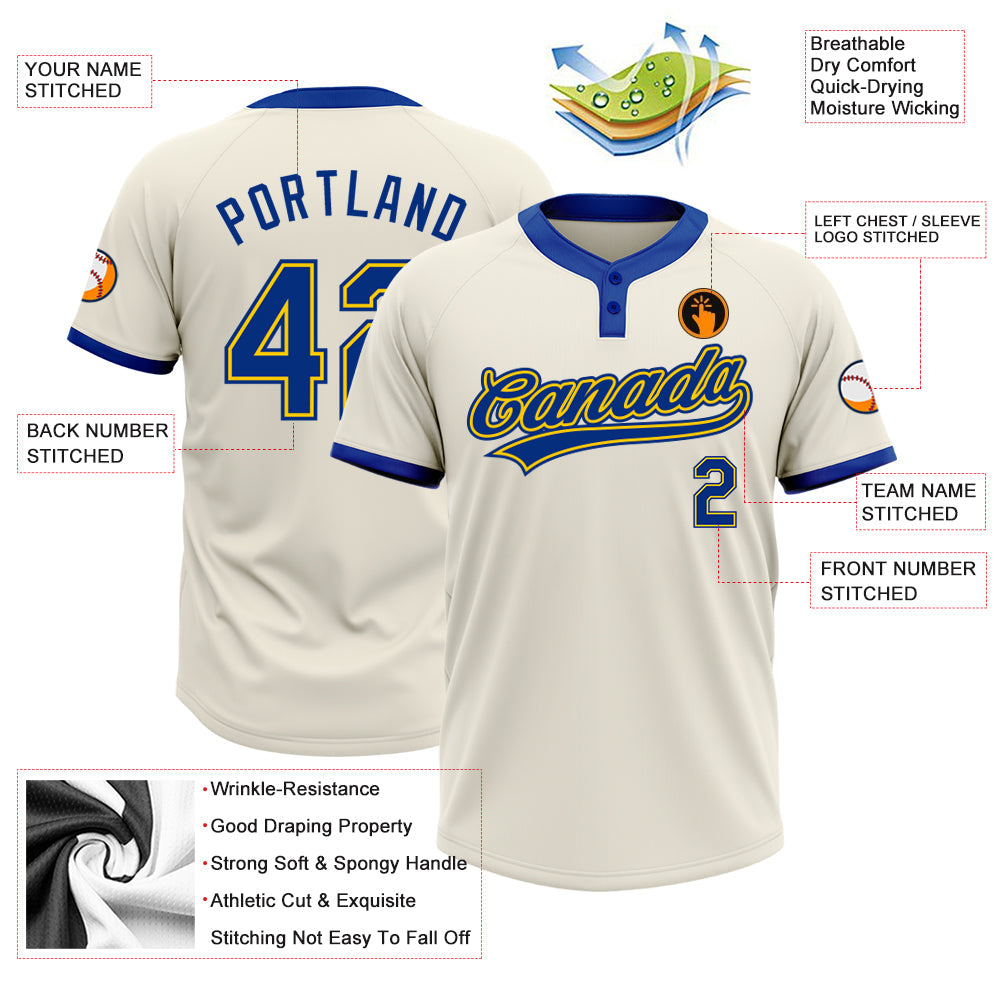 Custom Cream Royal-Gold Two-Button Unisex Softball Jersey view 3