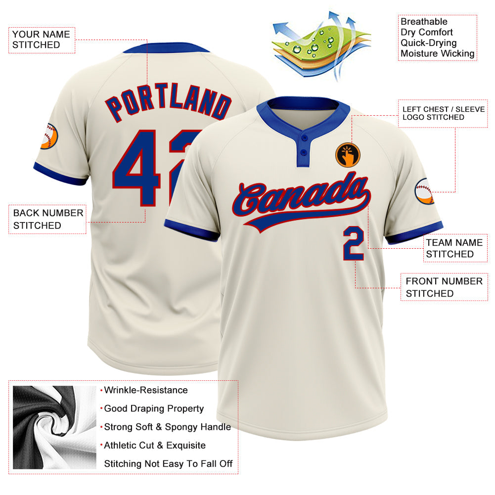 Custom Cream Royal-Red Two-Button Unisex Softball Jersey view 3