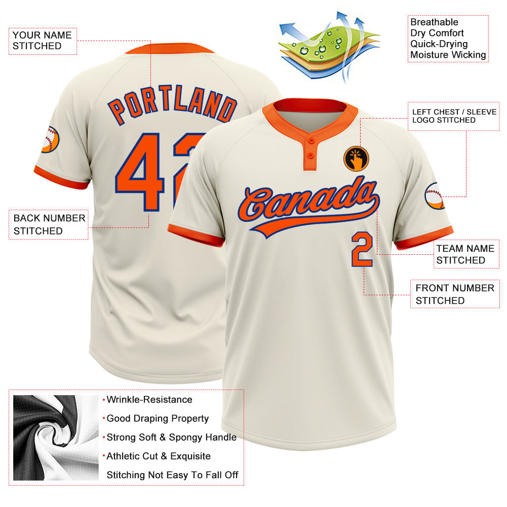 Custom Cream Orange-Royal Two-Button Unisex Softball Jersey view 3