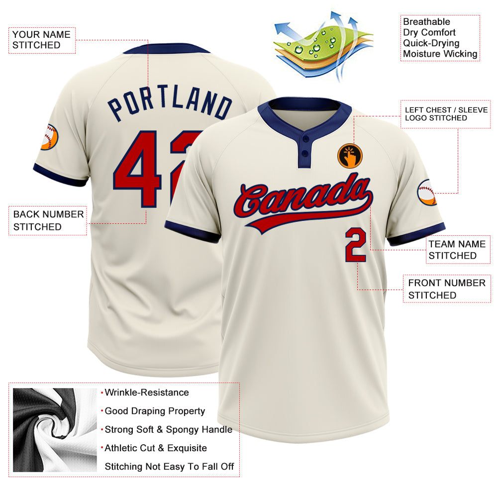 Custom Cream Red-Navy Two-Button Unisex Softball Jersey view 3