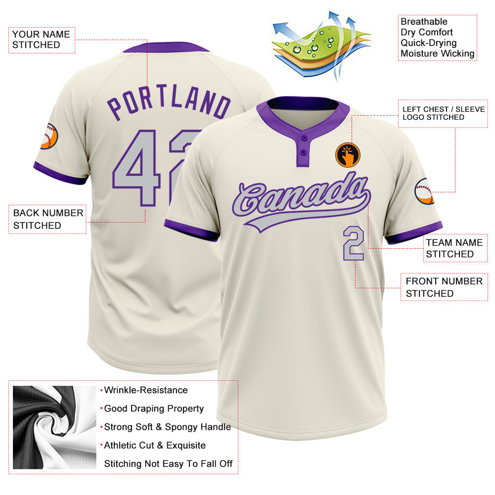 Custom Cream Gray-Purple Two-Button Unisex Softball Jersey view 3