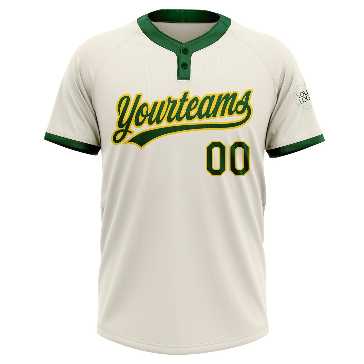Custom Cream Green-Gold Two-Button Unisex Softball Jersey view 2