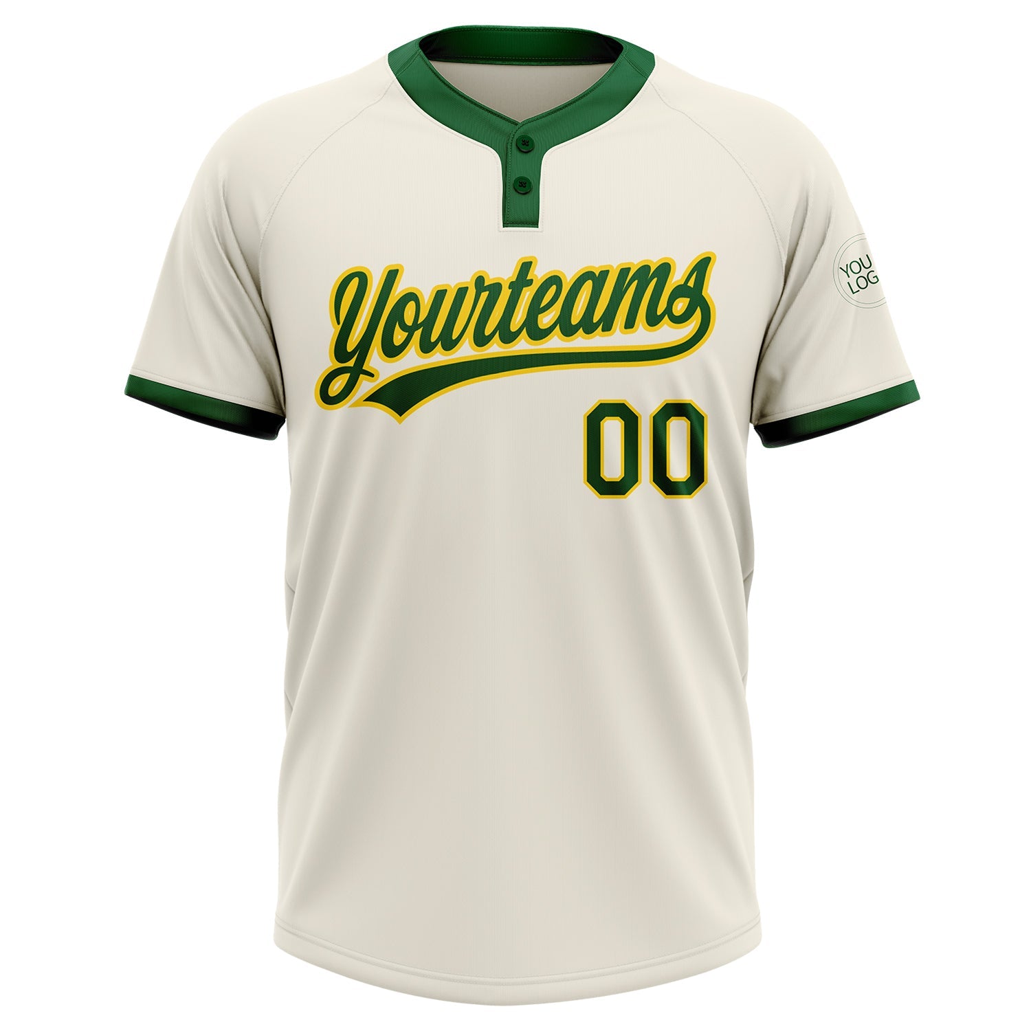 Custom Cream Green-Gold Two-Button Unisex Softball Jersey view 2