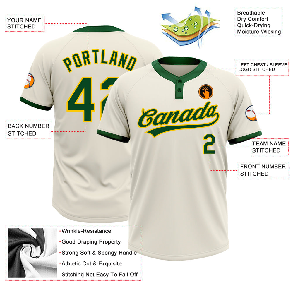 Custom Cream Green-Gold Two-Button Unisex Softball Jersey view 3
