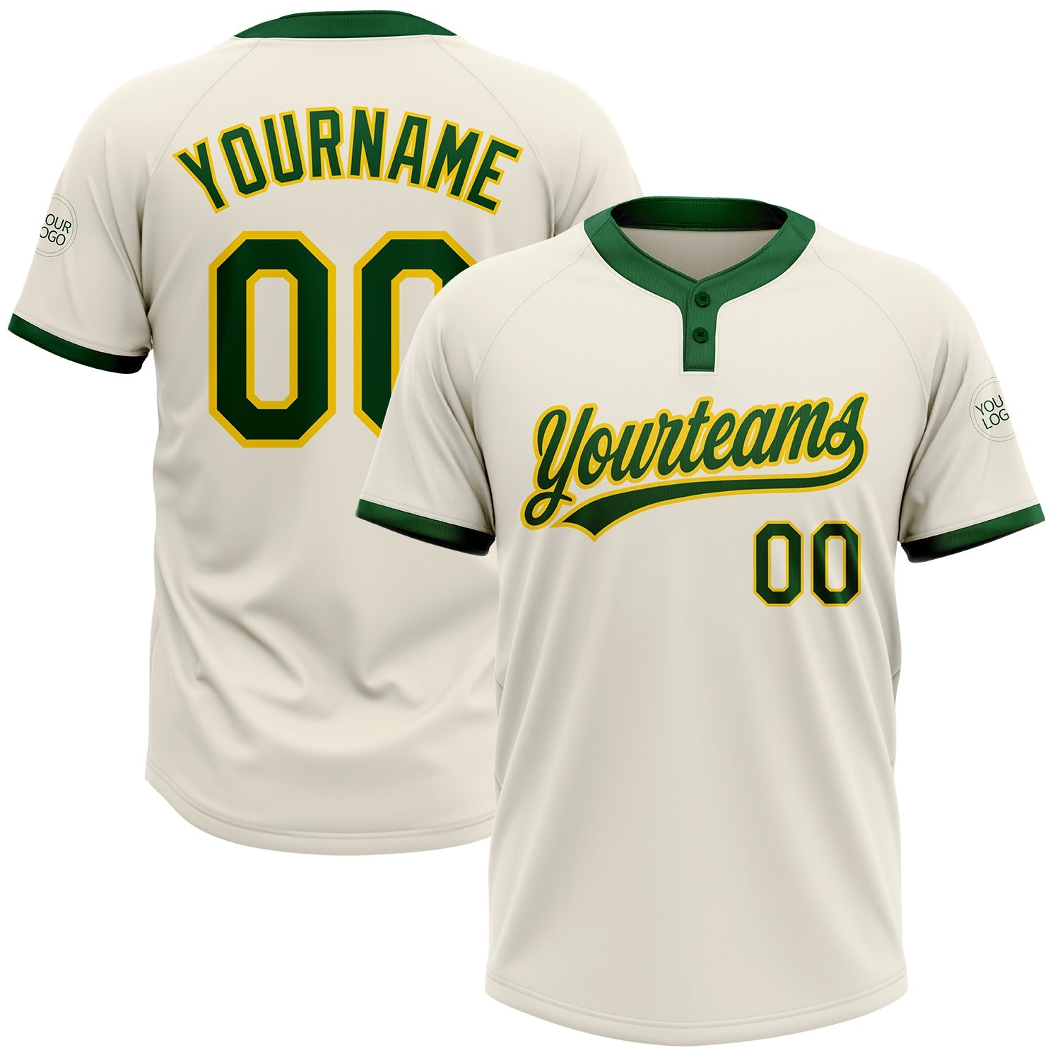 Custom Cream Green-Gold Two-Button Unisex Softball Jersey - Main View