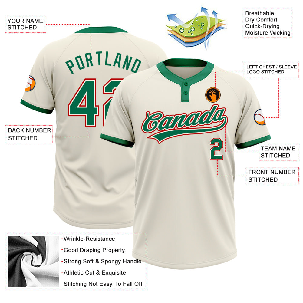 Custom Cream Kelly Green-Red Two-Button Unisex Softball Jersey view 3