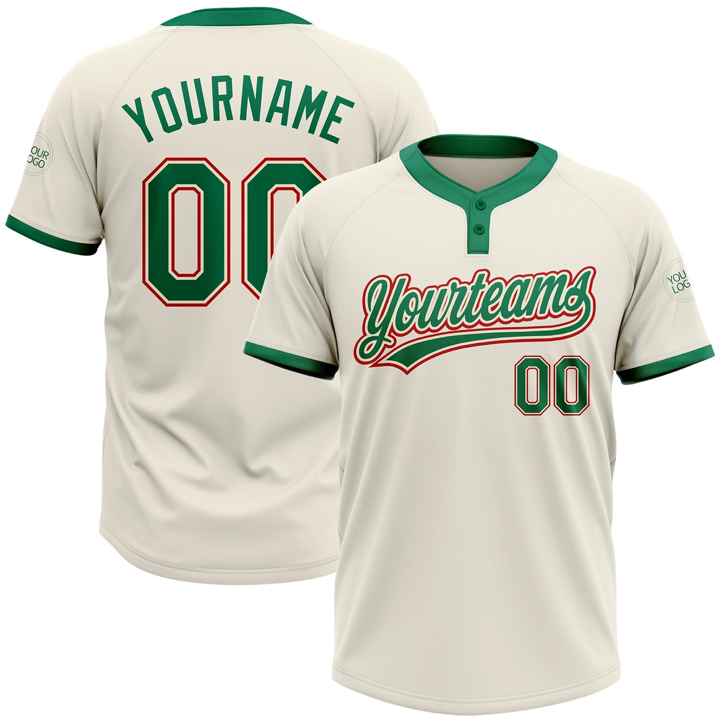 Custom Cream Kelly Green-Red Two-Button Unisex Softball Jersey - Main View