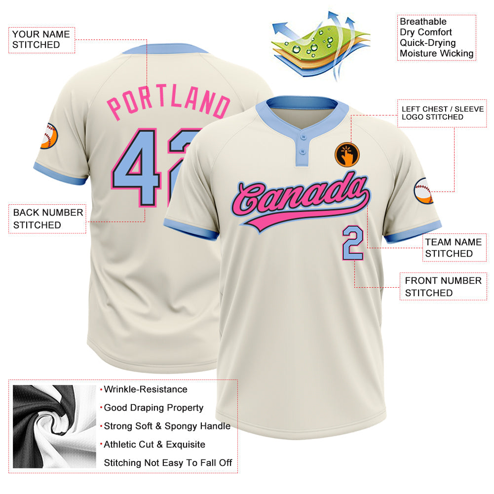 Custom Cream Light Blue Black-Pink Two-Button Unisex Softball Jersey view 3