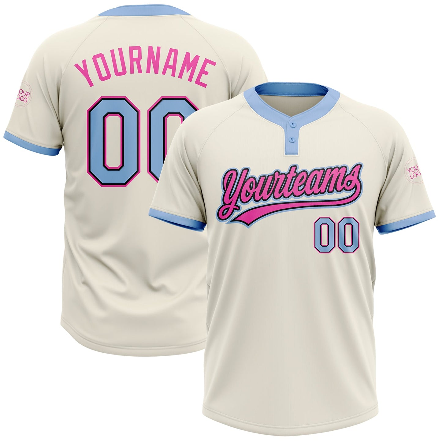 Custom Cream Light Blue Black-Pink Two-Button Unisex Softball Jersey - Main View